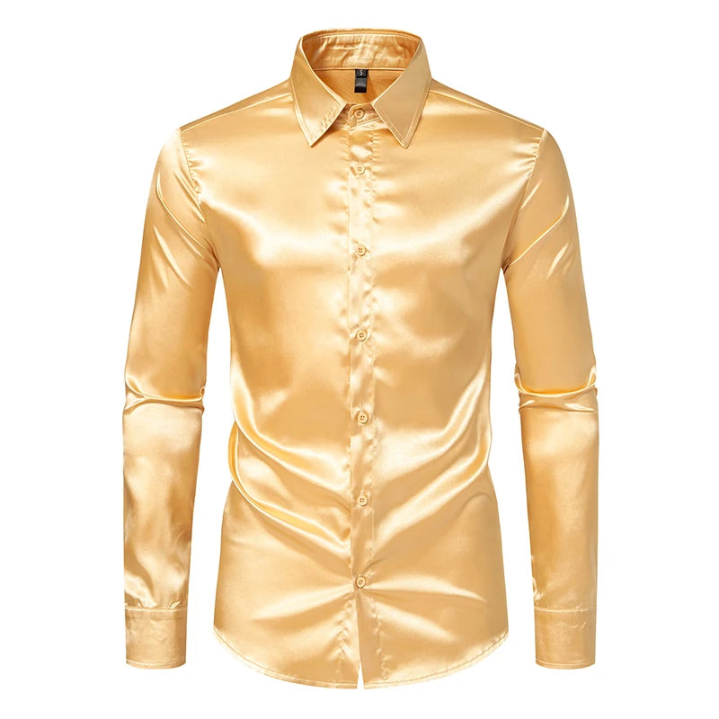 Chemises habillées de luxe en satin noir pour hommes, chemise de smoking lisse en soie, chemise unie pour mariage, bal, décontractée, bureau d'affaires