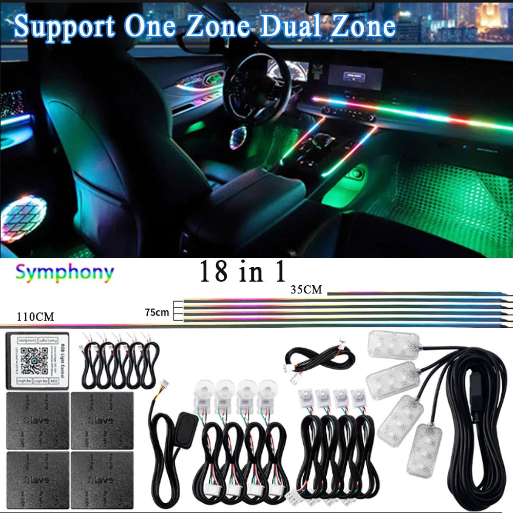 Kit de lampe d'ambiance de voiture LED acrylique 14/18 en 1 RGB 64 213 couleurs Symphonie Acrylique APP Ambiance Lumineuse Zone Unique Double Zone