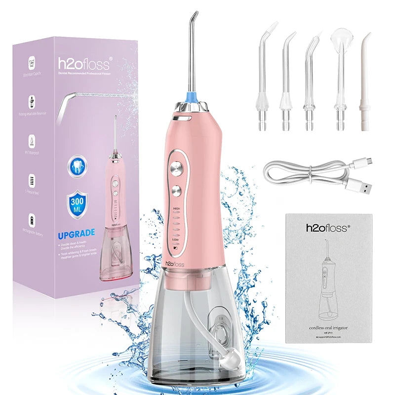 Hydropulseur sans fil H2ofloss 140 PSI, 5 modes, 5 embouts, 300 ml, batterie 2500 mAh, rechargeable par USB, irrigateur buccal portable pour le nettoyage des dents