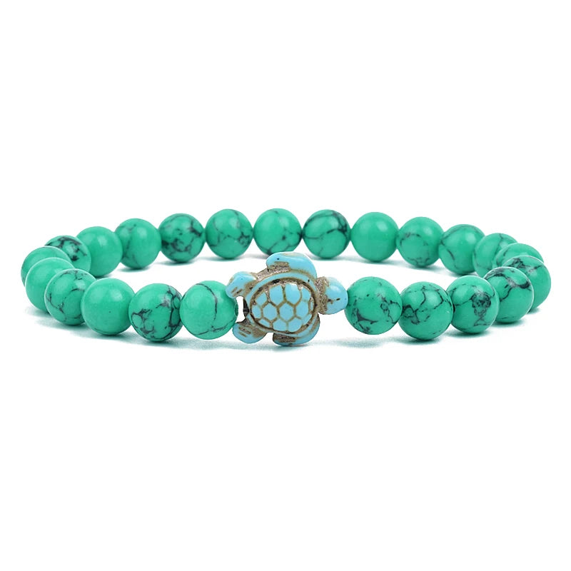 Bracelet perles tortues de mer 8 mm Turquoise Pierre Naturelle Élastique Extensible Femmes Hommes Amitié Bijoux d'Été Plage Cadeaux