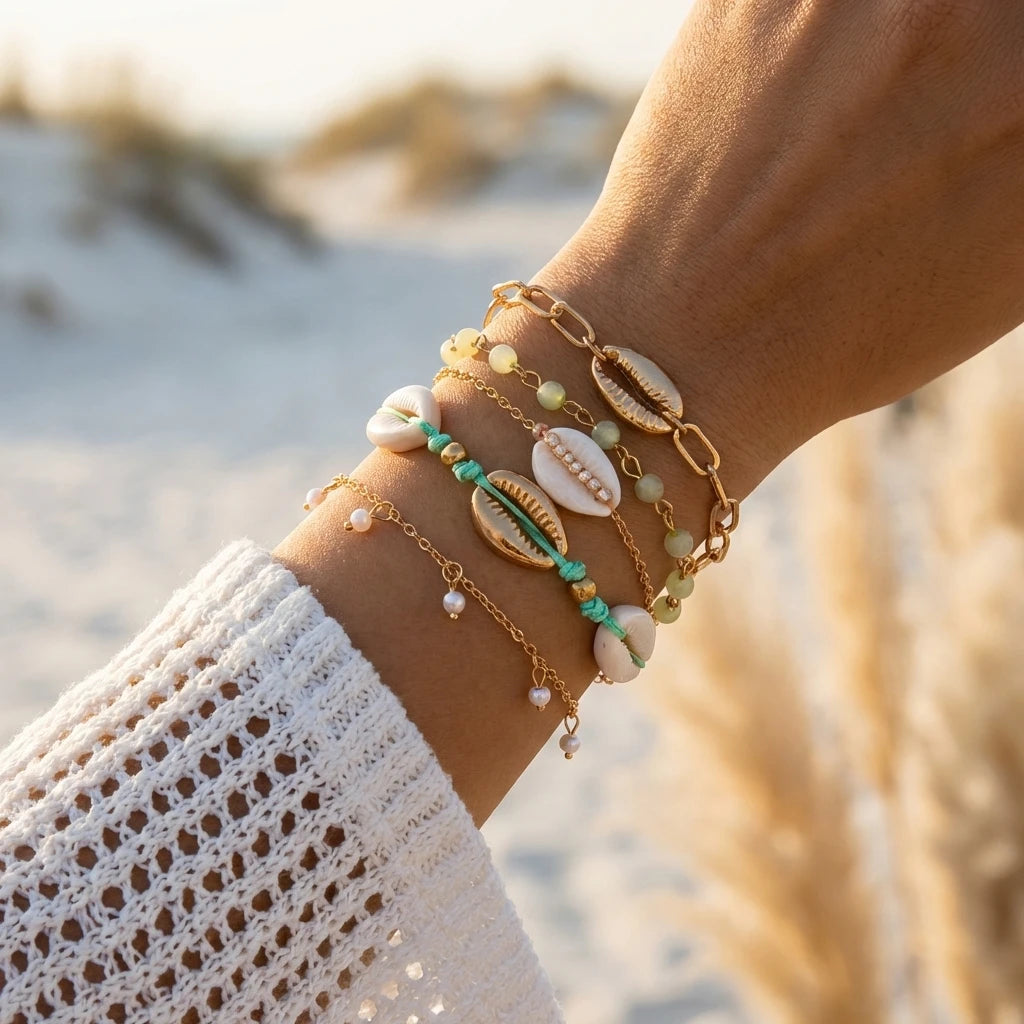 Ensemble de bracelets de perles coquillages étoile de mer bohèmes pour femmes, pour l'été, la plage, multicouches, étoile de mer, conque, bracelets empilés, bijoux de fête, cadeaux