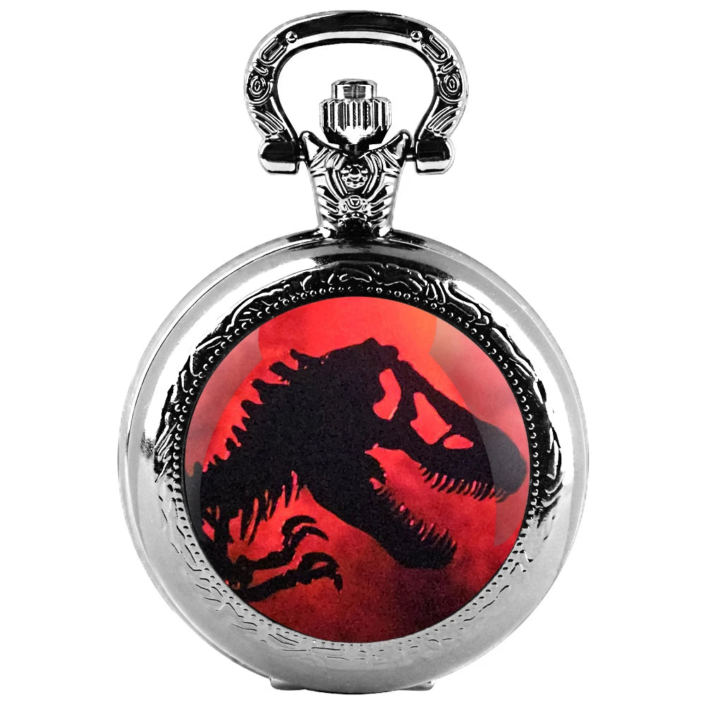 Cadeau Exquis Jurassic Park Dinosaure Dôme en Verre Montre de Poche à Quartz Collier Hommes Femmes Bijoux Uniques Pendentif Cadeaux d'Anniversaire
