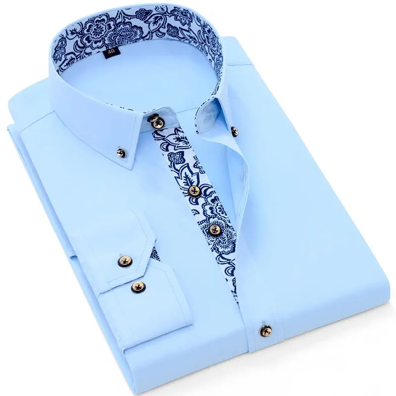 Chemise à col en porcelaine bleue et blanche pour homme à manches longues de style coréen, coupe slim, décontractée, habillée, unie, en coton