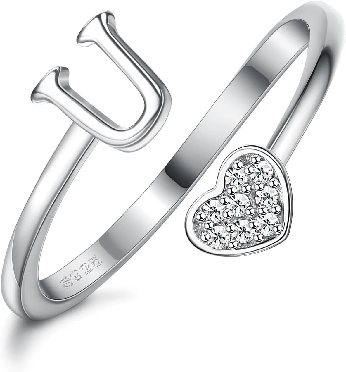 Fansilver Bagues initiales en argent sterling 925, bagues empilables réglables en forme de cœur, jolies bagues alphabétiques en forme de cœur, cadeau pour elle