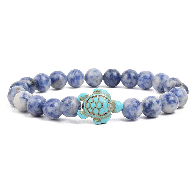 Bracelet perles tortues de mer 8 mm Turquoise Pierre Naturelle Élastique Extensible Femmes Hommes Amitié Bijoux d'Été Plage Cadeaux