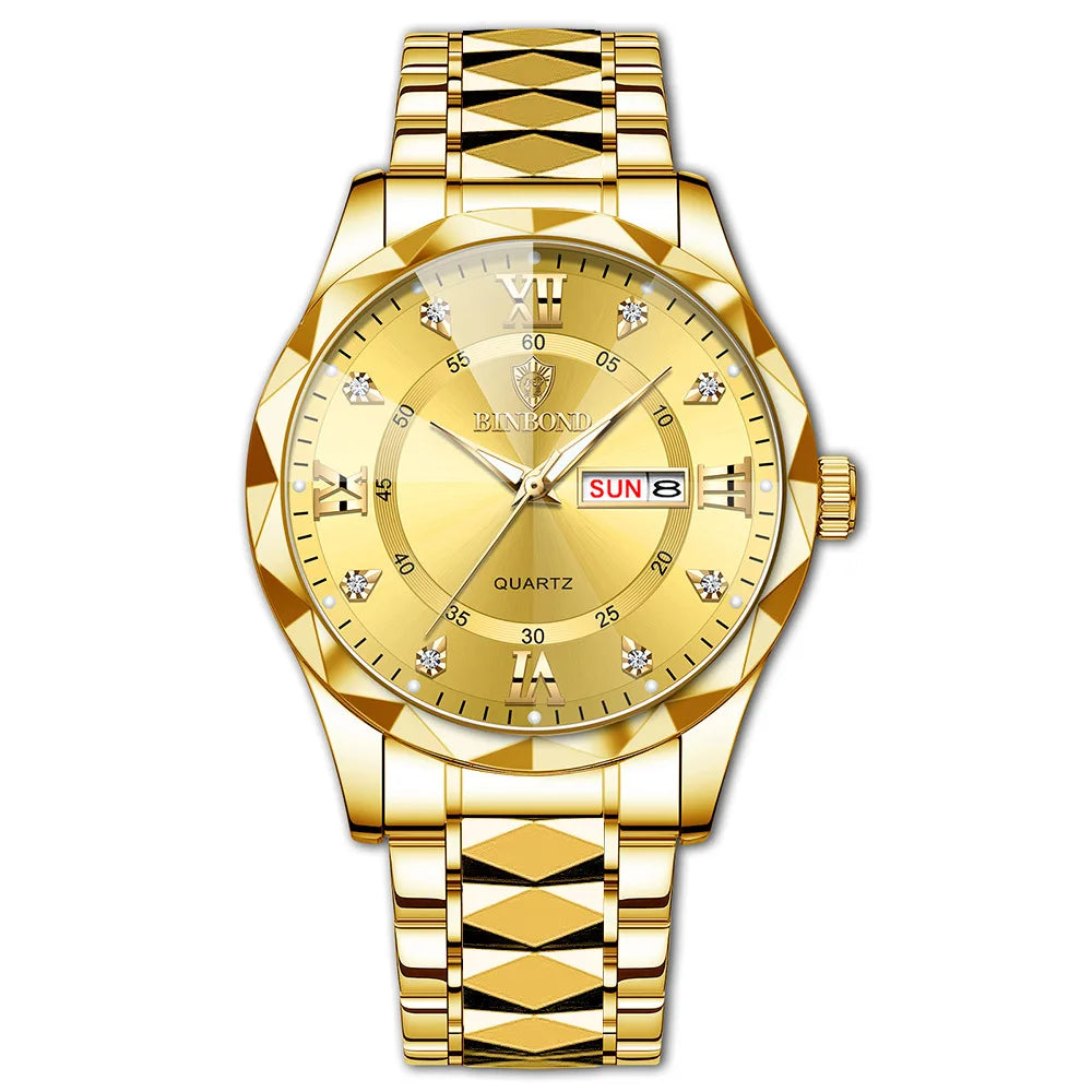 BINBOND Montre homme Acier inoxydable Qualité supérieure Luxe Fermoir caché à bouton poussoir Étanche Lumineuse Date Semaine Montres de sport