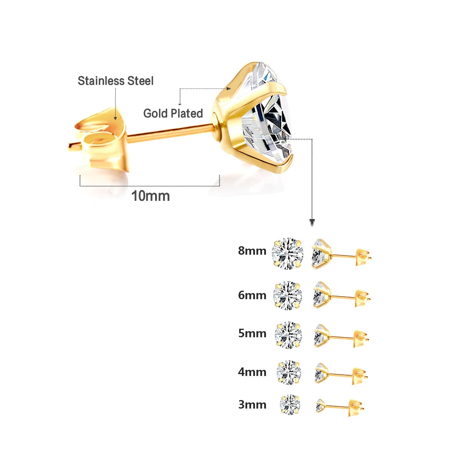 LUXUSTEEL 1 paire/2 pièces Boucles d'oreilles clous en acier inoxydable cristal pour femmes hommes 4 griffes Tragus rond clair Zircon cubique Bijoux d'oreille