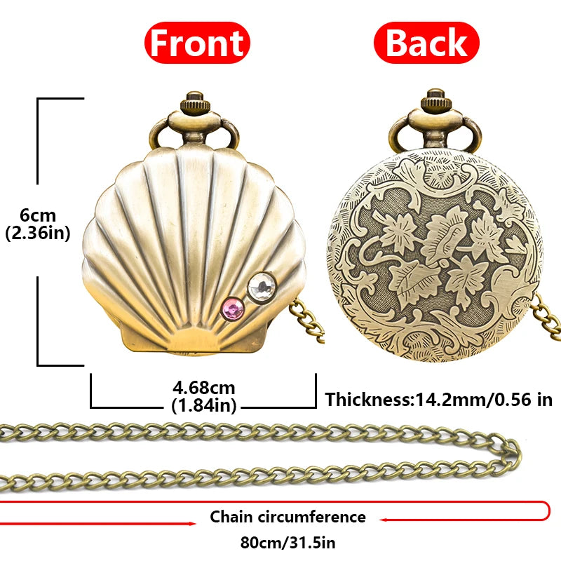 Vintage Bronze Steampunk Shell Carved Quartz Pocket Watch Necklace Pendant Clock Chain Men Women Chain Gift
