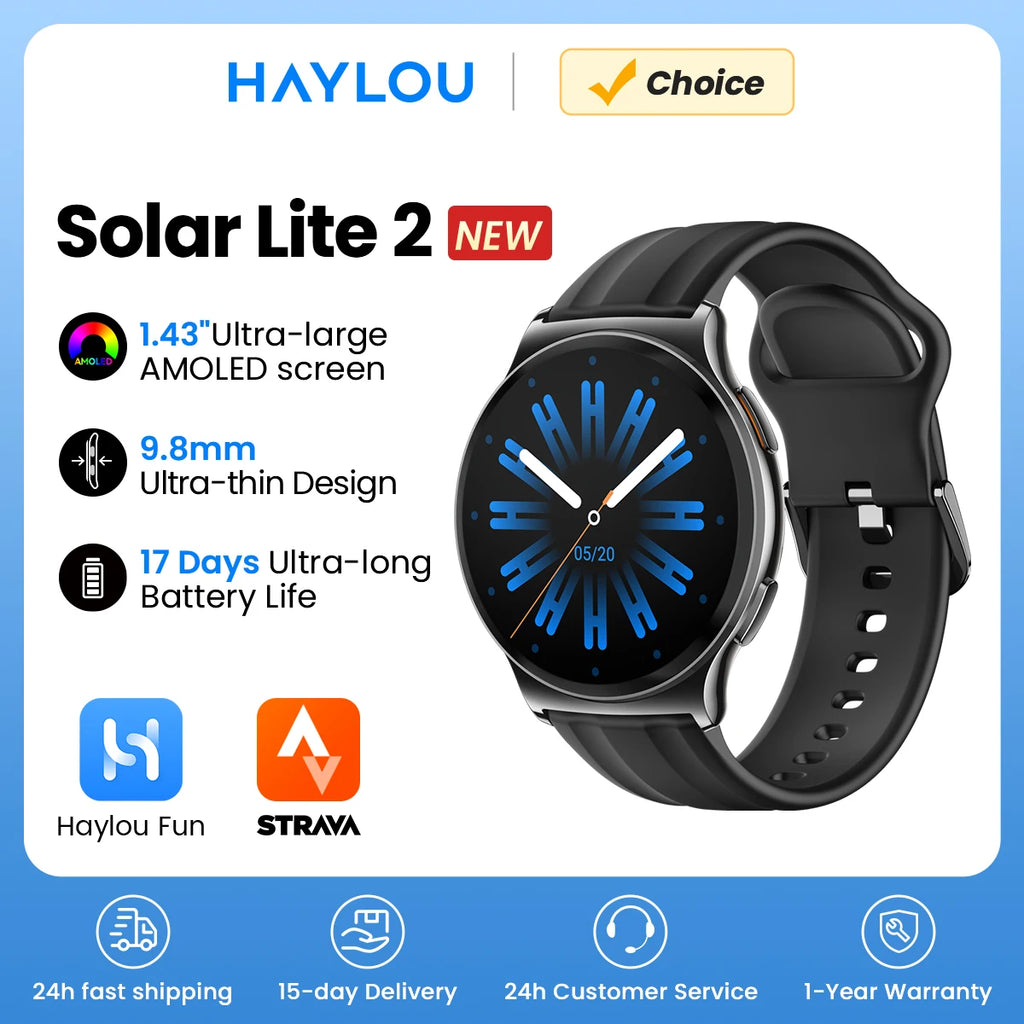 Montre connectée HAYLOU Solar Lite 2 Écran AMOLED 1,43'' Surveillance de la santé 24h/24 150+ modes sportifs Appel vocal Montre connectée 1ATM