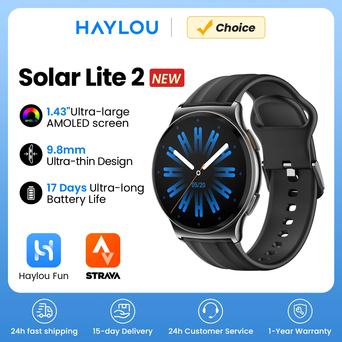 Montre connectée HAYLOU Solar Lite 2 Écran AMOLED 1,43'' Surveillance de la santé 24h/24 150+ modes sportifs Appel vocal Montre connectée 1ATM