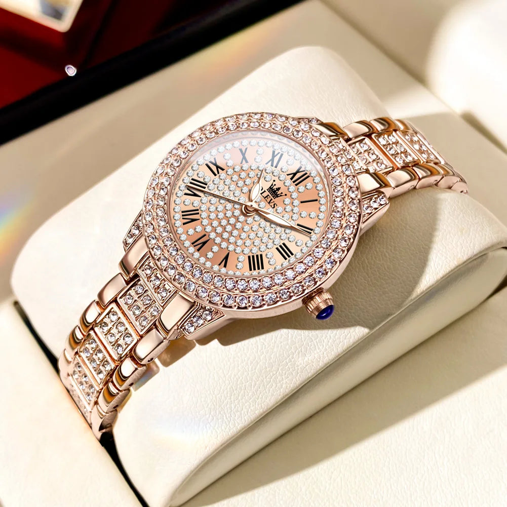 OLEVS Montres pour Femmes Mode Originale Montre-Bracelet à Quartz pour Dames Cadran Romain Diamant Éblouissant Étanche Lumineuse Luxe Nouveau