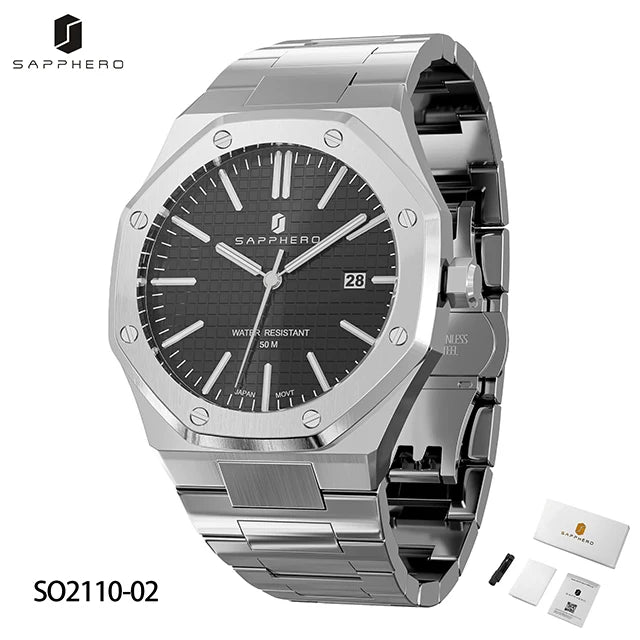 Montre SAPPHERO pour hommes, bracelet en acier inoxydable, design résistant à l'eau, calendrier automatique, cadeaux de fête, horloge de boîte-cadeau exquise