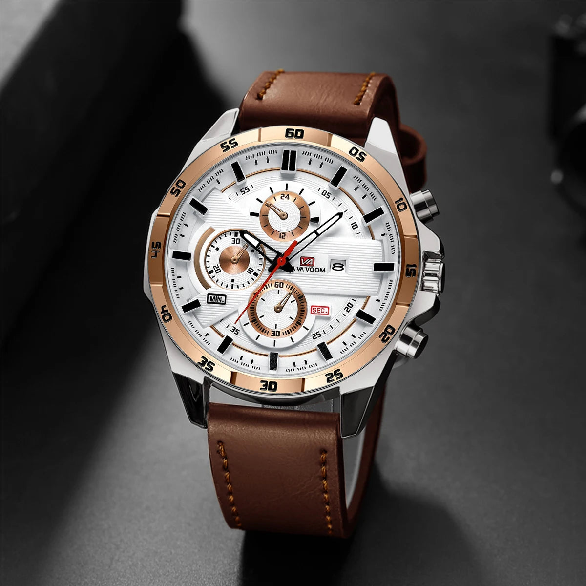 Montre Homme Sport Mode Série Racing 46mm Cuir Noir Horloge VA VA VOOM Mouvement Quartz Étanche 3 Bars Montre-bracelet pour Hommes