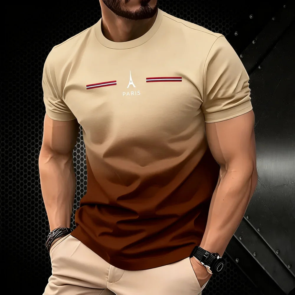 T-shirt homme d'été dégradé 3D simple avec impression Paris, vêtement décontracté, coupe oversize, col rond, manches courtes, pour le sport