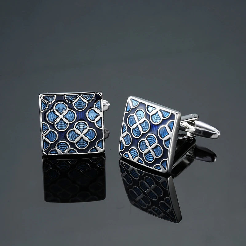 Boutons de manchette pour chemise française classique pour hommes Bouton de manchette carré rétro haut de gamme motif rose amour bleu Accessoires de costume d'affaires bijoux