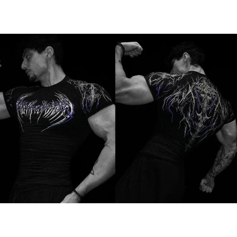 T-shirt de sport de compression pour hommes, imprimé éclair gothique, haut de gym, fitness, séchage rapide, respirant, musculation, été