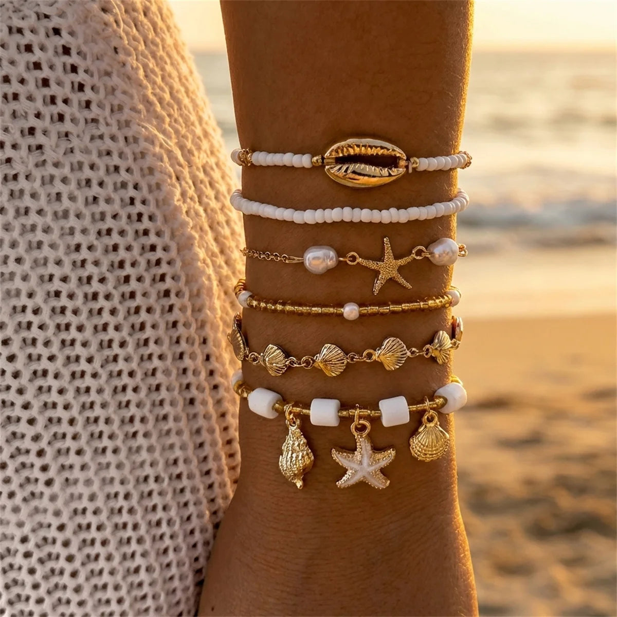 Ensemble de bracelets de perles coquillages étoile de mer bohèmes pour femmes, pour l'été, la plage, multicouches, étoile de mer, conque, bracelets empilés, bijoux de fête, cadeaux