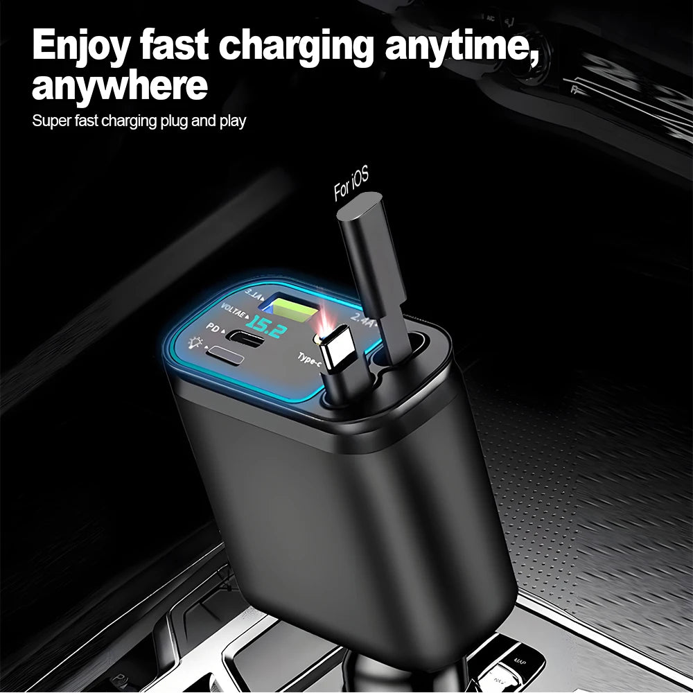 شاحن سيارة قابل للسحب من KEBIDUMEI M4 كابل شحن سريع 5 في 1 مع منفذ USB PD ضوء نجمي محول طاقة من النوع C شواحن هواتف