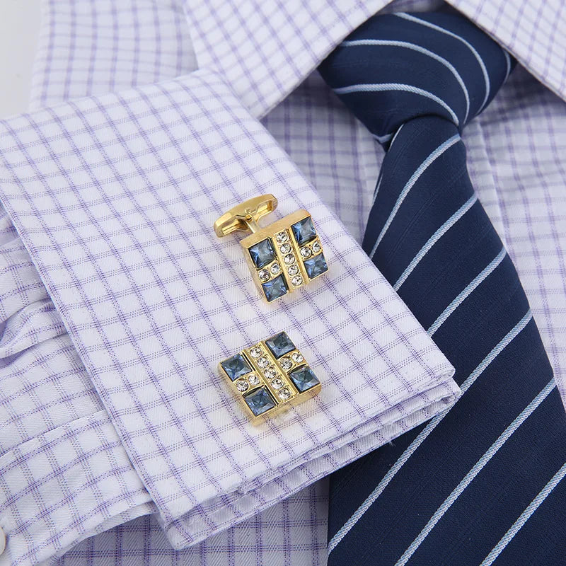 Fashion Luxury Men's Brand Cufflinks Golden Rhinestones High Quality Buttons Father Groom Favors Jewelry Gifts