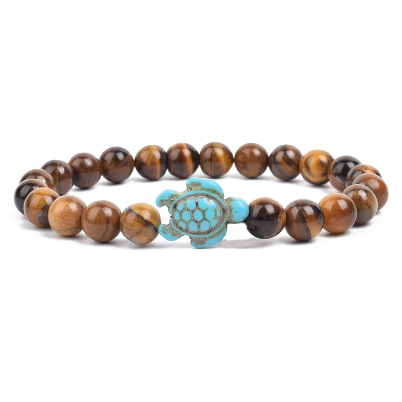 Bracelet perles tortues de mer 8 mm Turquoise Pierre Naturelle Élastique Extensible Femmes Hommes Amitié Bijoux d'Été Plage Cadeaux