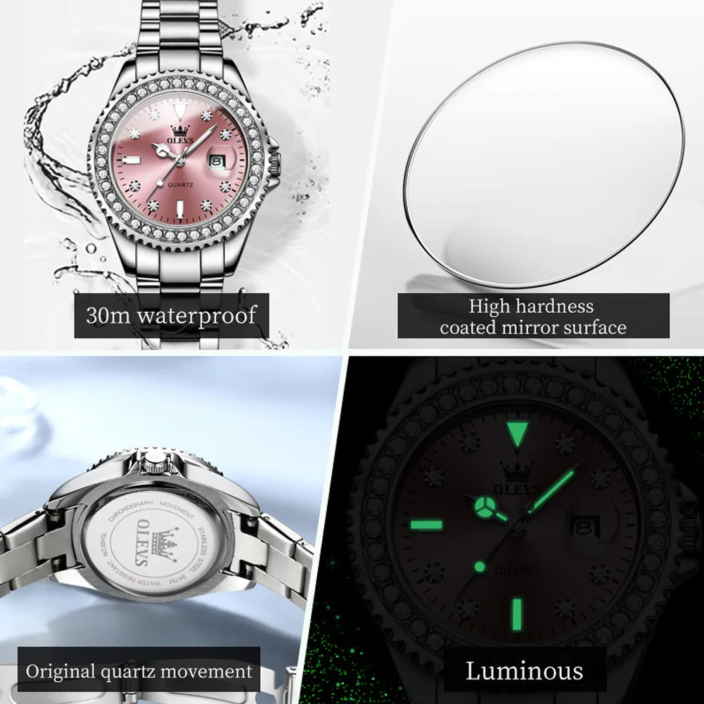 OLEVS 9945 Montre à quartz originale de marque supérieure pour femmes Montre-bracelet de luxe à calendrier à diamants en acier inoxydable pour femmes