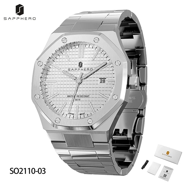 Montre SAPPHERO pour hommes, bracelet en acier inoxydable, design résistant à l'eau, calendrier automatique, cadeaux de fête, horloge de boîte-cadeau exquise