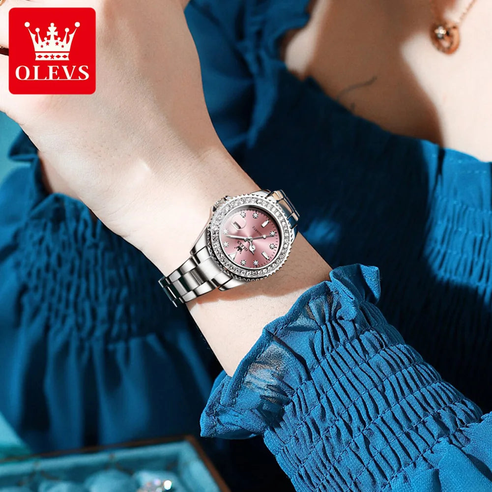 OLEVS 9945 Montre à quartz originale de marque supérieure pour femmes Montre-bracelet de luxe à calendrier à diamants en acier inoxydable pour femmes