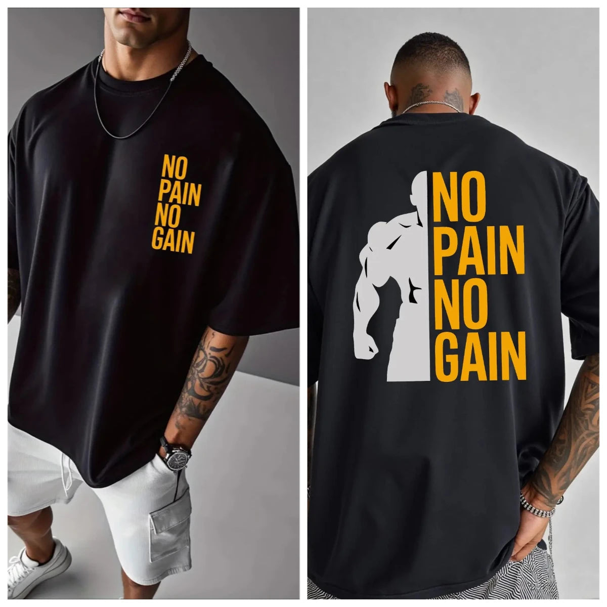 Hommes Femmes PAS DE DOULEUR PAS DE GAIN T-shirt de gym Coton Tee Streetwear Oversize Été Sports Mode Décontracté Haut Manches Courtes Respirant