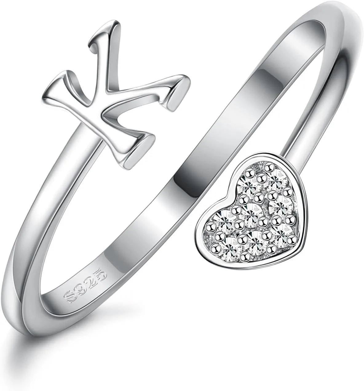 Fansilver Bagues initiales en argent sterling 925, bagues empilables réglables en forme de cœur, jolies bagues alphabétiques en forme de cœur, cadeau pour elle