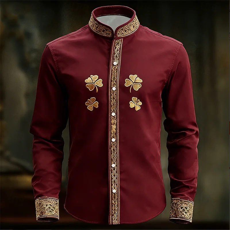 Nouvelle chemise homme à manches longues fleurie avec imprimé trèfle 3D doré, haut de chemise à manches longues tendance et luxueux