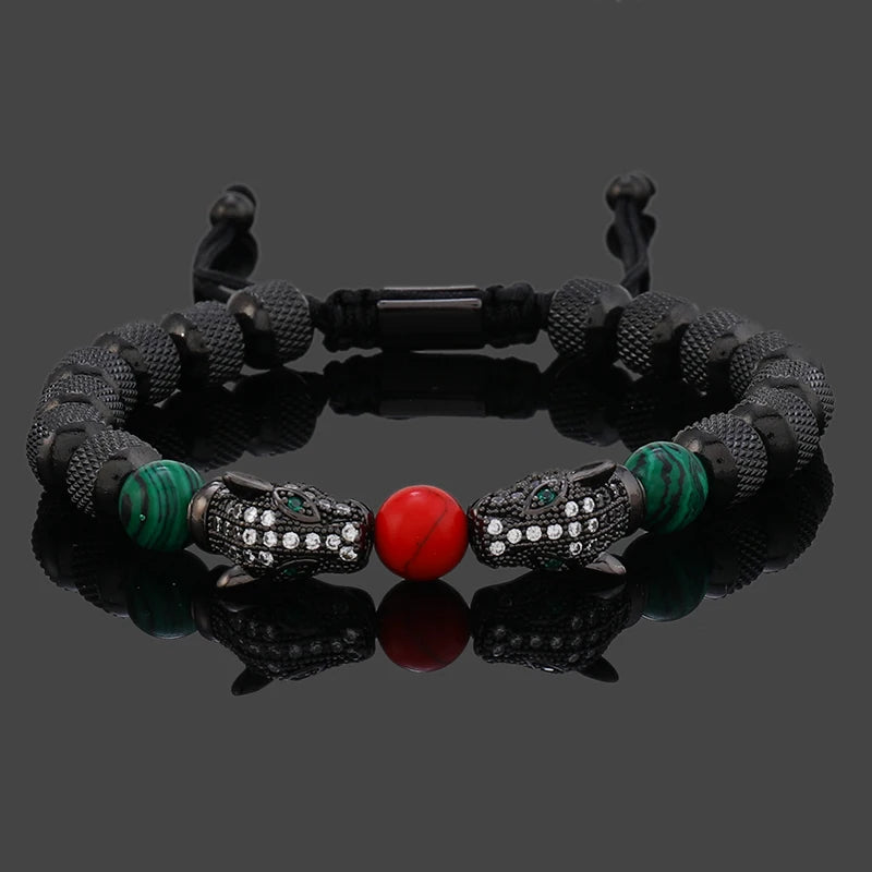 Bracelet Homme Perles en Acier Inoxydable Luxe Têtes de Léopard Royales Breloques Bijoux Cadeau Garçon
