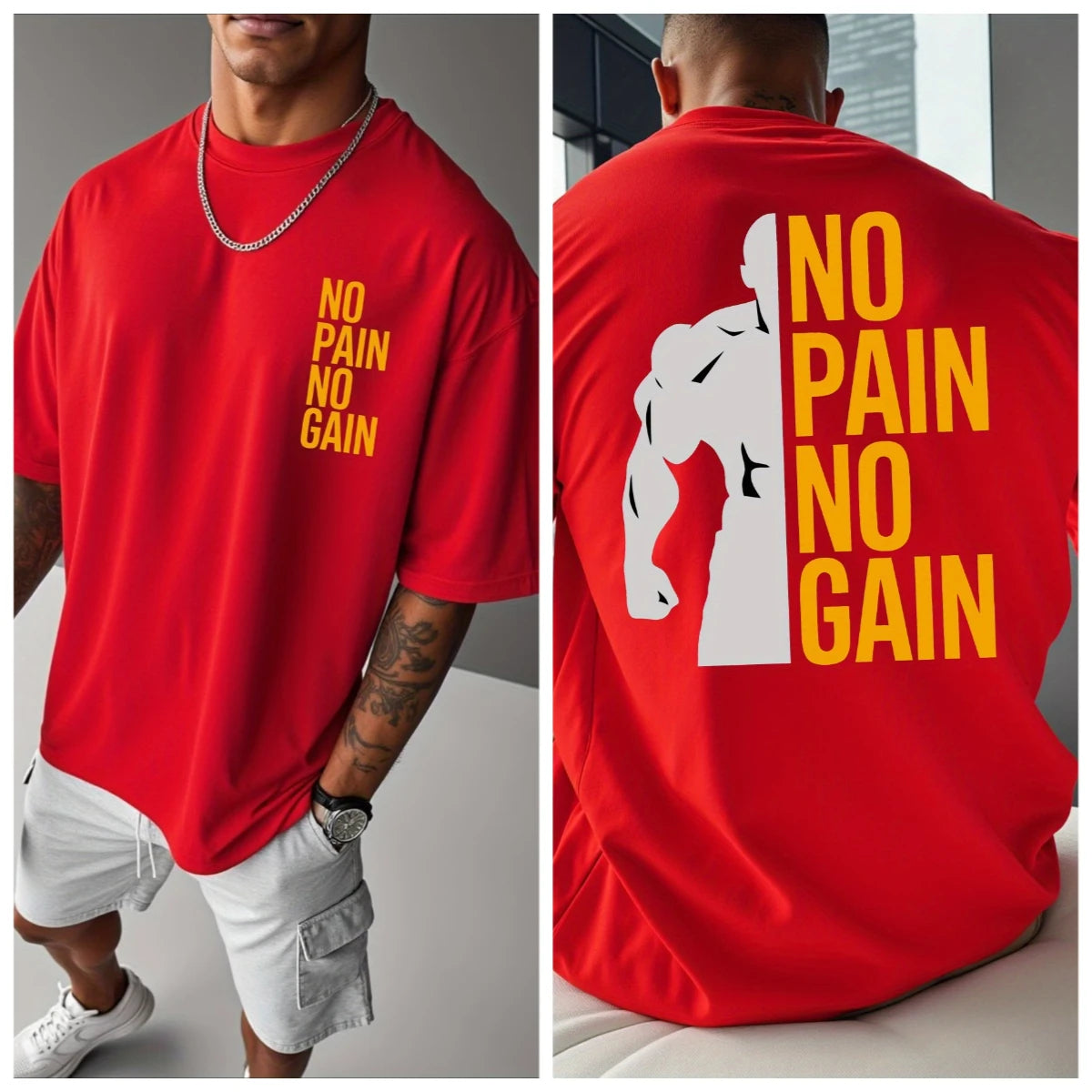Hommes Femmes PAS DE DOULEUR PAS DE GAIN T-shirt de gym Coton Tee Streetwear Oversize Été Sports Mode Décontracté Haut Manches Courtes Respirant