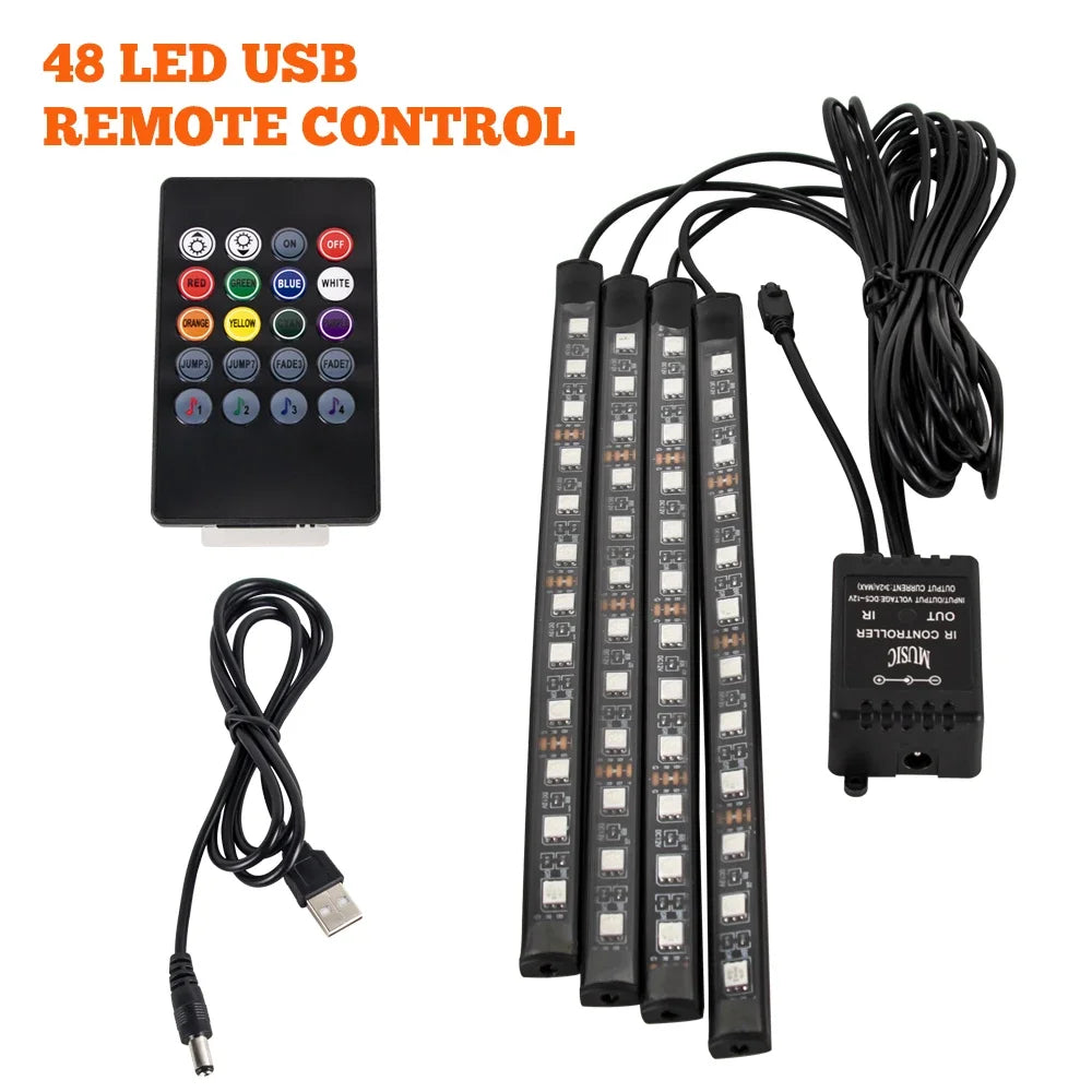 Lampe d'ambiance LED pour voiture avec USB, télécommande sans fil, contrôle musical, modes multiples, lumières décoratives intérieures pour automobile