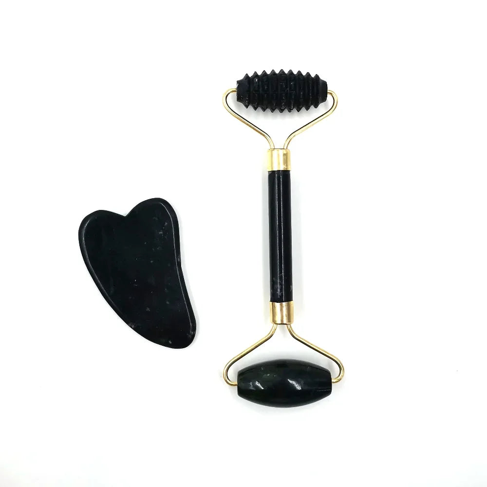 Rouleau de massage en obsidienne de jade et grattoir Gouache pour le visage, outils de soin de la peau, masseurs et rouleaux de beauté naturels pour le corps et le dos