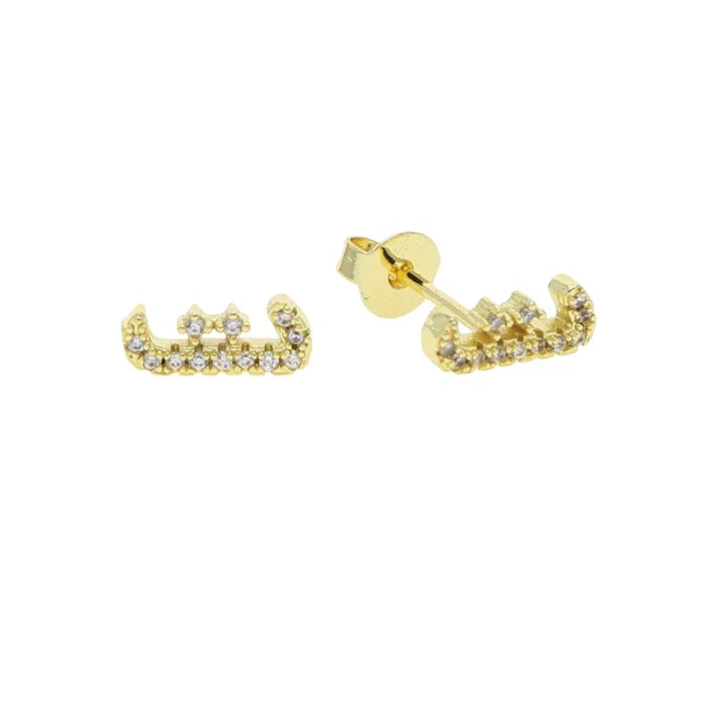 Boucles d'oreilles clous alphabet lettre arabe, micro-serties de zirconiums cubiques, couleur or, minimalistes et délicates, pour femmes et jeunes filles, vente en gros