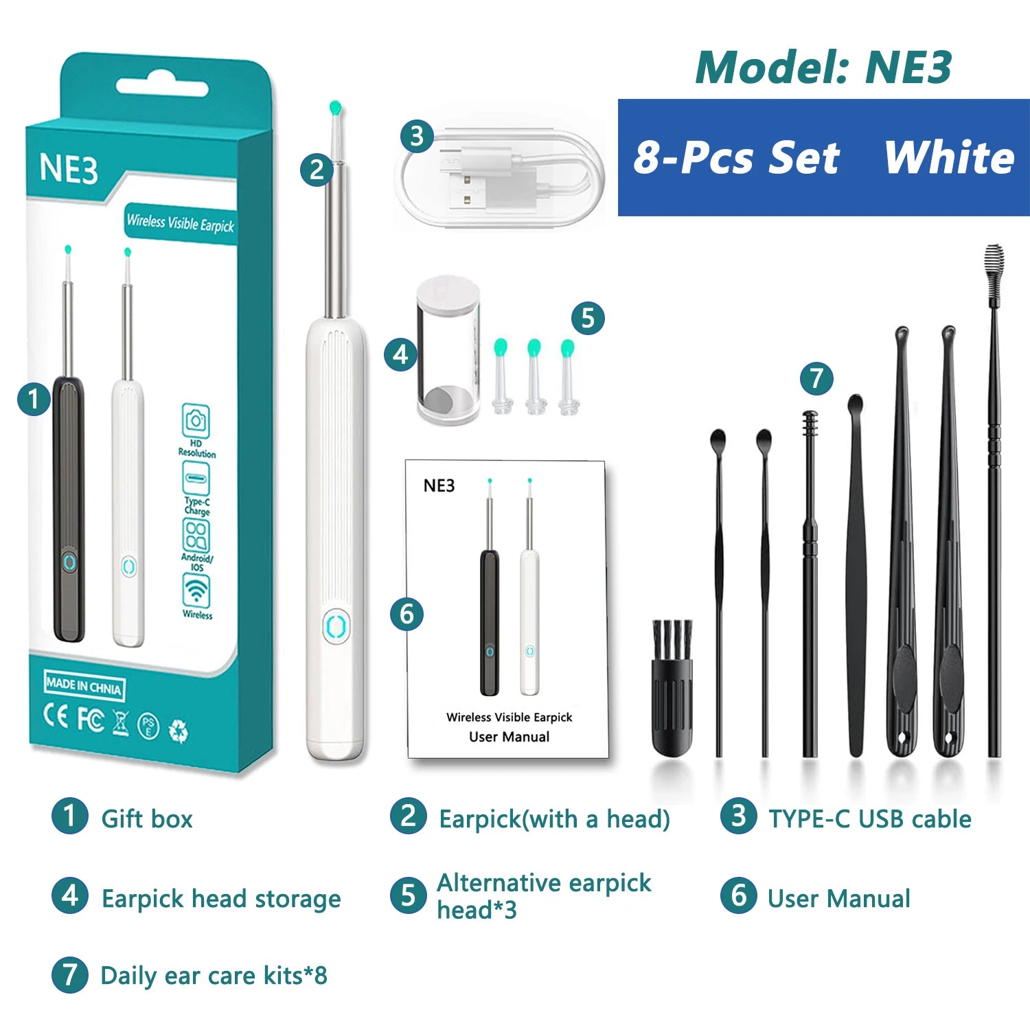Nettoyeur d'oreilles visuel intelligent HD Bâtonnets auriculaires Otoscope USB C Endoscope de charge Outil de retrait de cérumen Pince à épiler Mini caméra Ensemble de soins de santé
