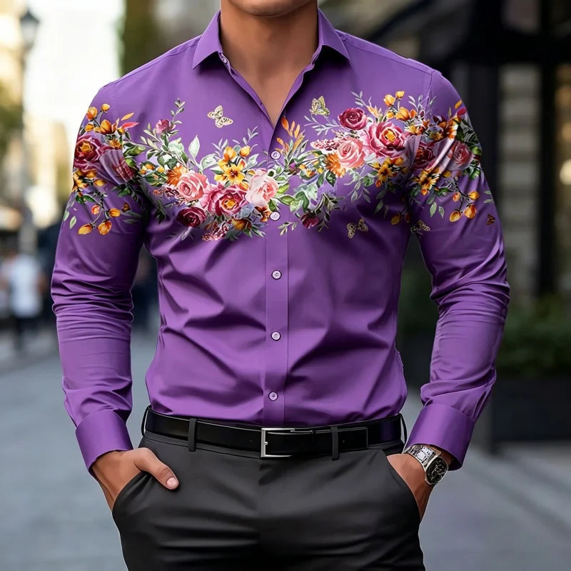 Chemises à motif floral papillon de jardin romantique européen pour hommes, coupe ajustée, manches longues, hauts de bureau formels
