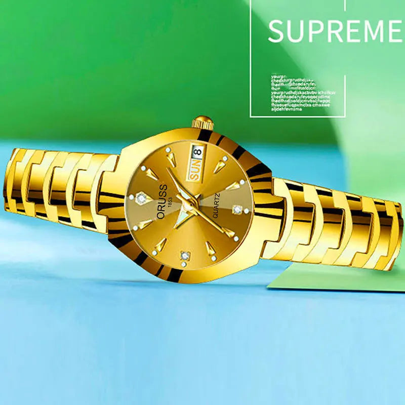 Montre Femme ORUSS de marque tendance, en acier inoxydable de haute qualité, étanche, avec aiguille lumineuse, calendrier de la semaine, élégance, montre à quartz pour femme.