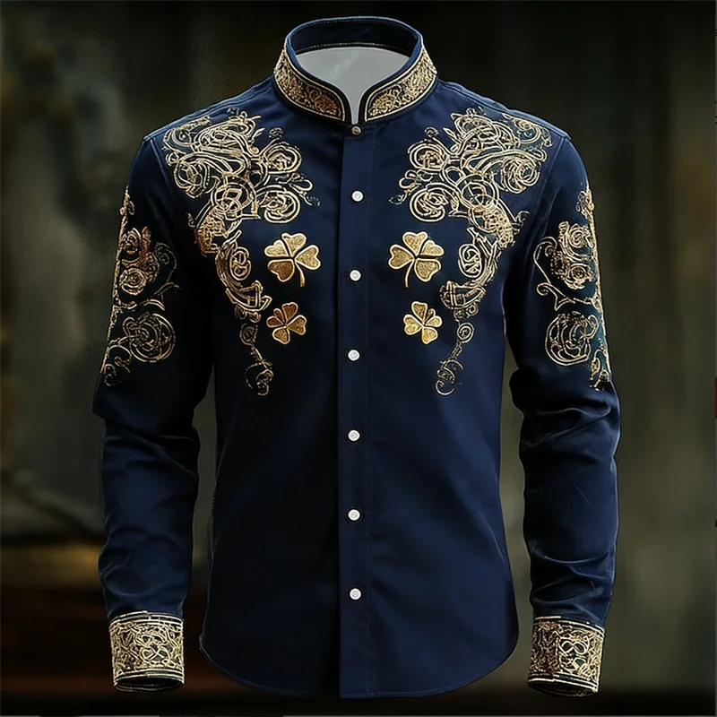 Nouvelle chemise homme à manches longues fleurie avec imprimé trèfle 3D doré, haut de chemise à manches longues tendance et luxueux