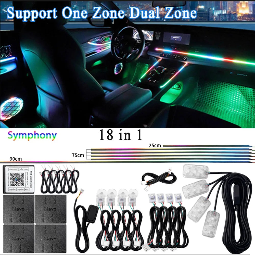 Kit de lampe d'ambiance de voiture LED acrylique 14/18 en 1 RGB 64 213 couleurs Symphonie Acrylique APP Ambiance Lumineuse Zone Unique Double Zone