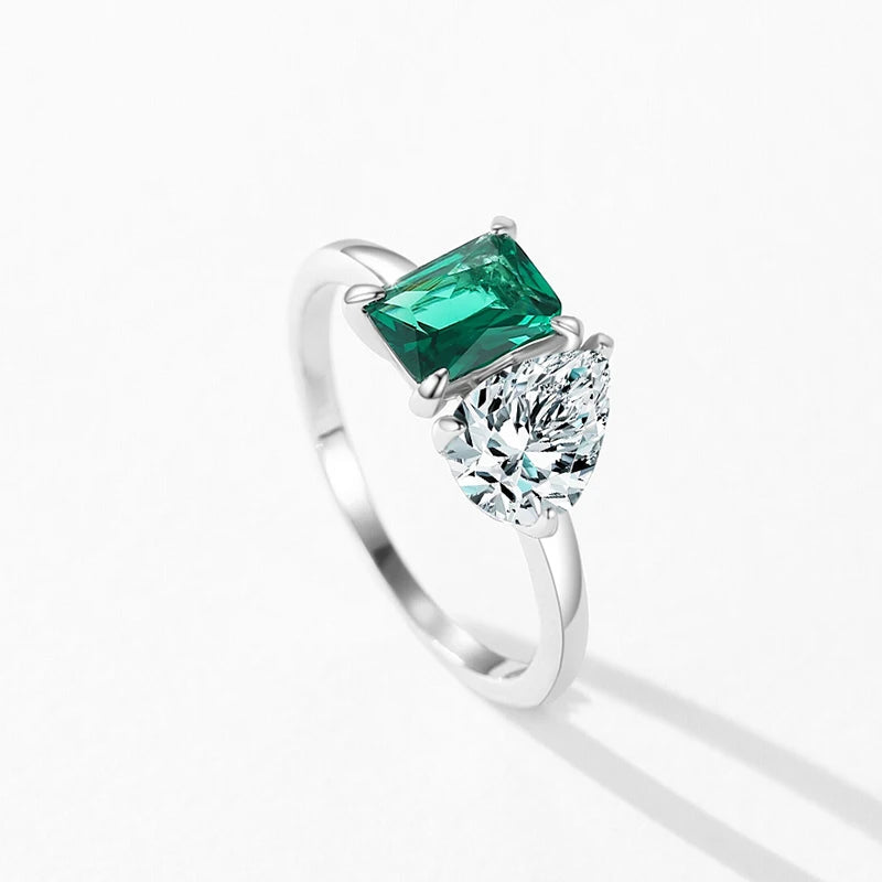 Ailmay Bague Femme en Argent Sterling 925 Tendance Zircon Vert Rectangle Éblouissant Forme Goutte d'Eau Bijoux Fins de Mariage de Luxe