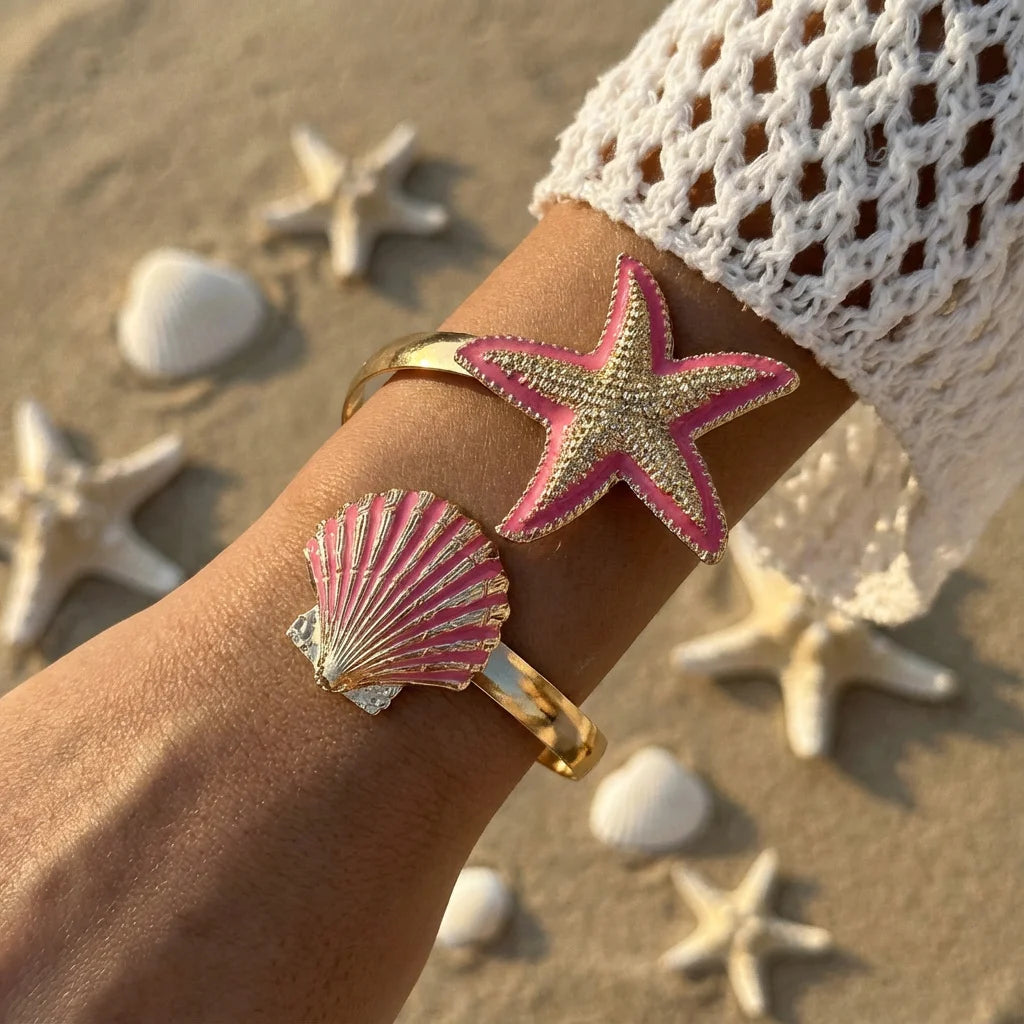 Bracelet manchette ouverte élégant avec fleur en émail pour femme, plaqué or, métal rose, blanc, bleu, motifs floraux, bijoux pour plage, fête, vacances