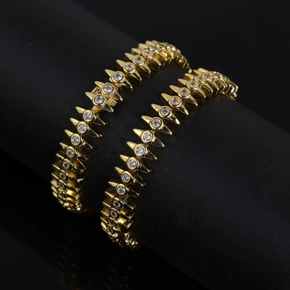 2025 New Fashion Women  Gold Color Bezel Sparking CZ Spiked Charm Tennis Chain Bracelet Rock Punk Cool Jewelry