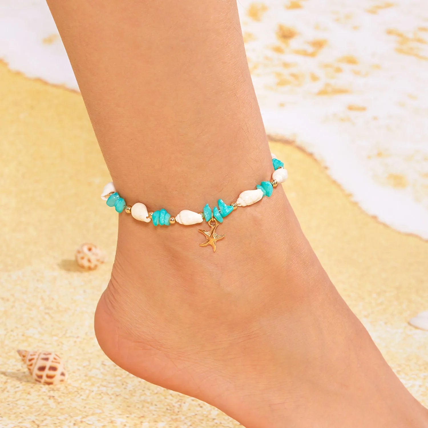 Bracelet Pendentif Étoile de Mer Bohème pour Femme, Bracelet Perlé en Pierres Concassées Fait à la Main, Bijou de Plage d'Été, Accessoire de Voyage, Cadeau