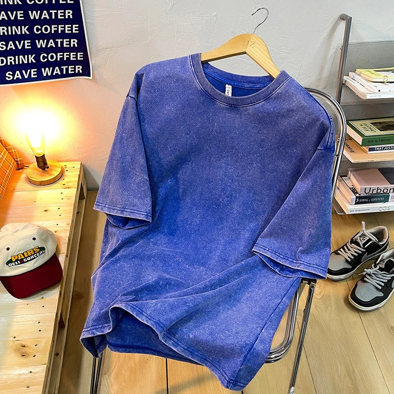 T-shirts Homme Femme Vintage Flocon de Neige Point Couleur Unie 100% Coton Manches Courtes Lavage à l'Eau Vieille Rue Hip Hop