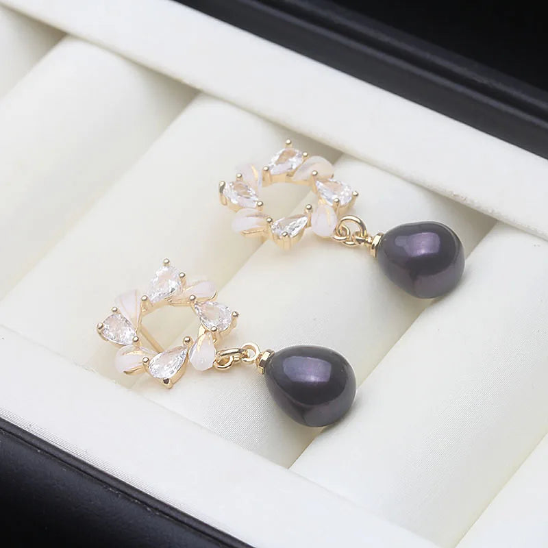 Véritable Perle de Culture d'Eau Douce Blanche Boucles d'Oreilles Puces Femme, Mariage Argent 925 Perle Bijoux Épouse Cadeau Anniversaire Rose Noir