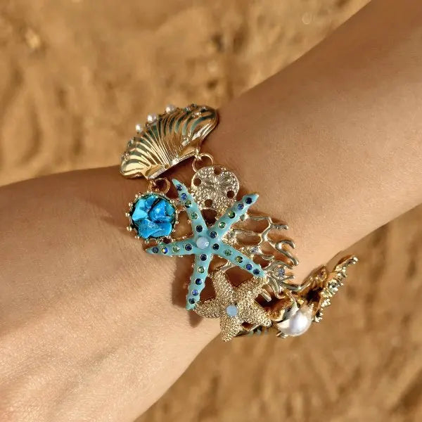 Boucles d'oreilles clous en forme d'étoile de mer et coquillage en métal pour femmes, élégantes, avec strass bleus et perles d'imitation, bijoux doux pour jeunes filles