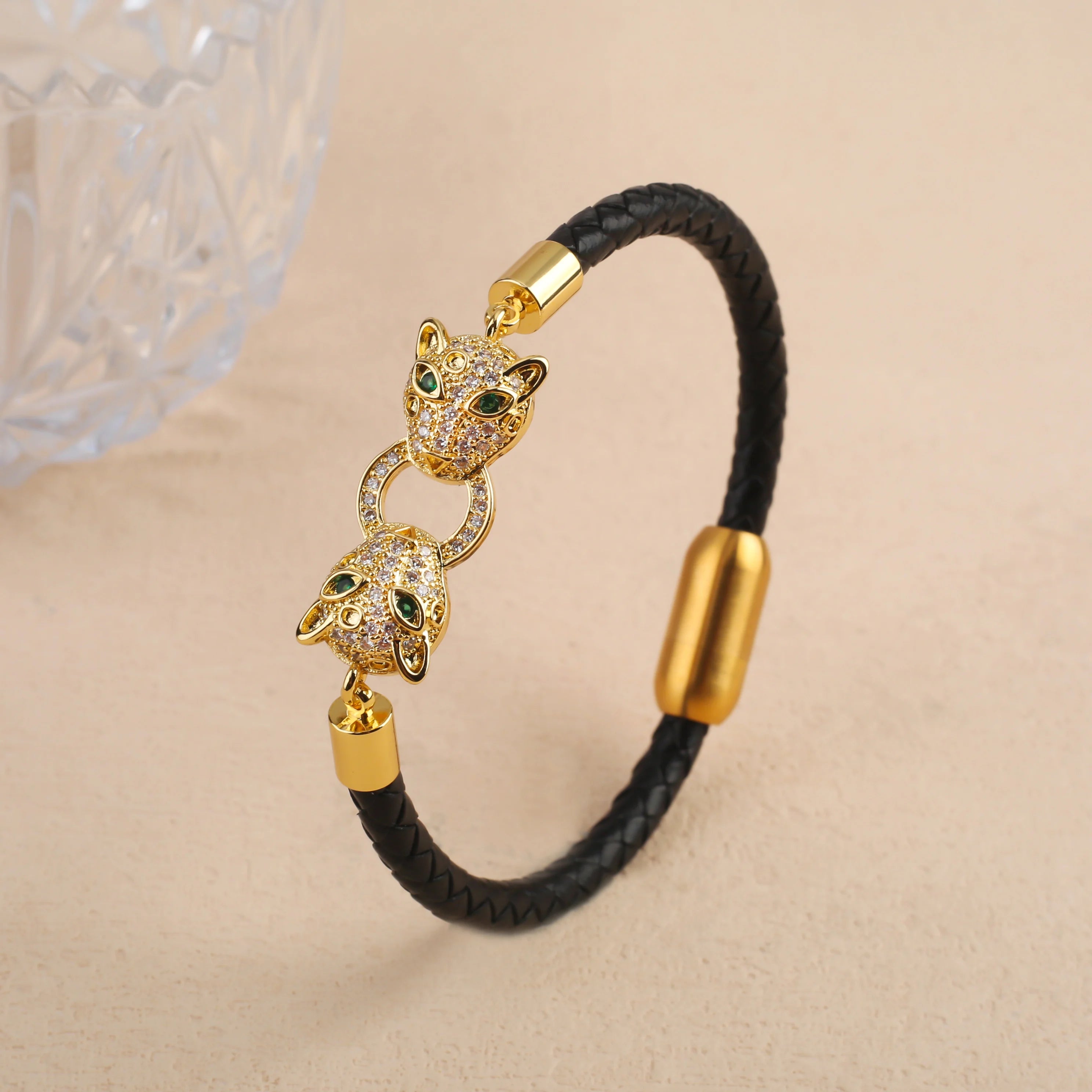 Bracelet Cordon Cuir Tressé Tête de Léopard Style Animal Bully Mode Homme Femme Bijoux Acier Inoxydable Zirconia Quotidien