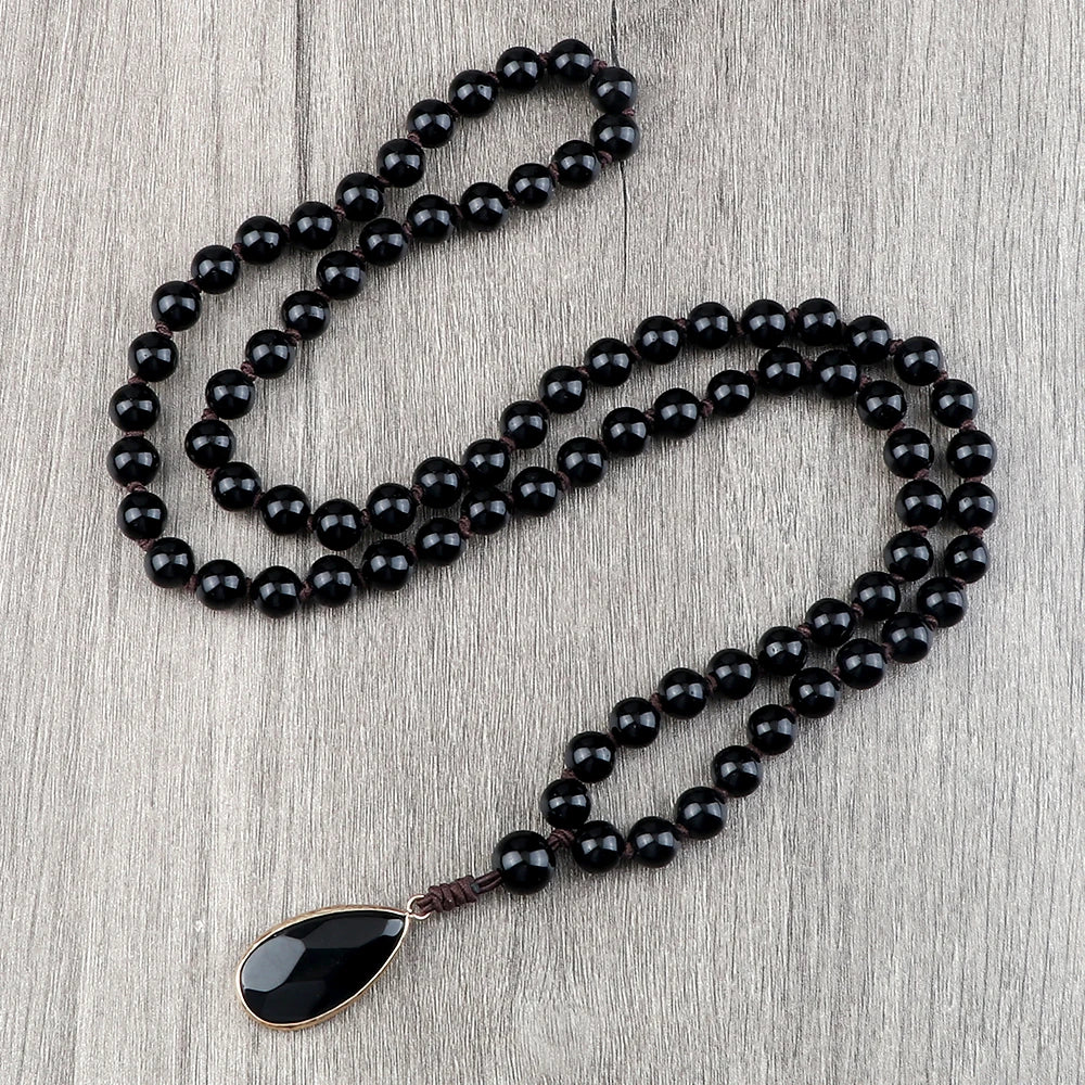 Collier pendentif goutte pour homme, fait à la main, perles d'onyx noir mat et brillant de 8 mm, collier chapelet pour femme, bijoux de yoga et de méditation, cadeaux