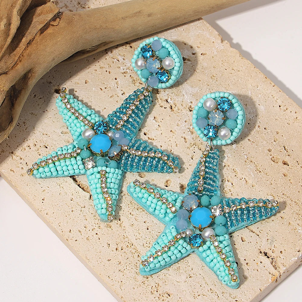 AENSOA Boucles d'oreilles pendantes bohèmes en forme d'étoile de mer, de homard et de conque avec perles pour femme, fabriquées à la main, bijoux d'été sur le thème des animaux marins